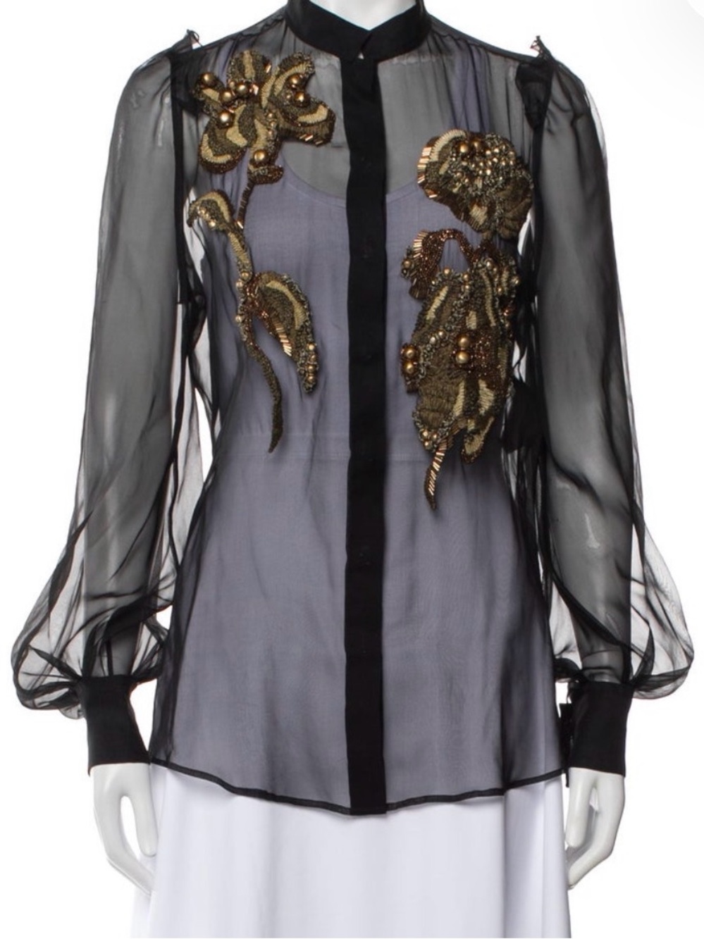 Yves Saint Laurent Black Silk Sheer Blouse with Gold Embroidered Appliqué